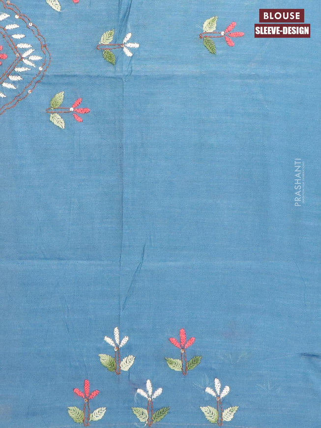 Semi tussar saree blue with allover stripes pattern and seperate embroidery work blouse - {{ collection.title }} by Prashanti Sarees