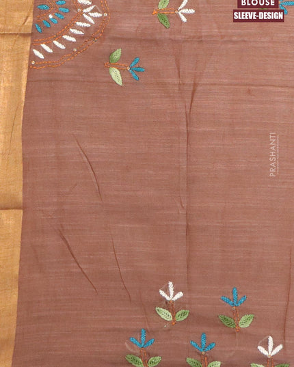 Semi tussar saree brown with allover stripes pattern and seperate embroidery work blouse - {{ collection.title }} by Prashanti Sarees