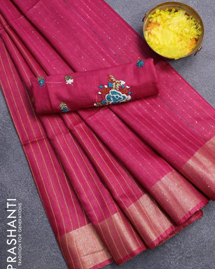 Semi tussar saree pink with allover stripes pattern and seperate embroidery work blouse - {{ collection.title }} by Prashanti Sarees