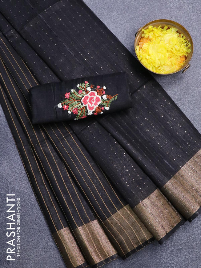 Semi tussar saree black with allover stripes pattern and seperate embroidery work blouse - {{ collection.title }} by Prashanti Sarees