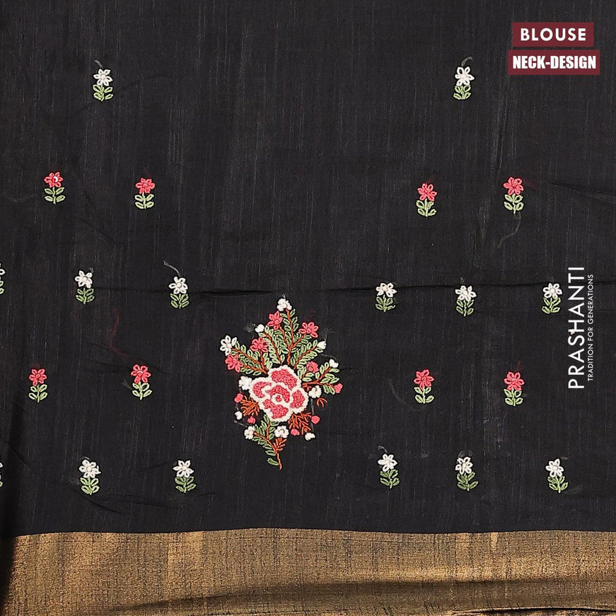 Semi tussar saree black with allover stripes pattern and seperate embroidery work blouse - {{ collection.title }} by Prashanti Sarees