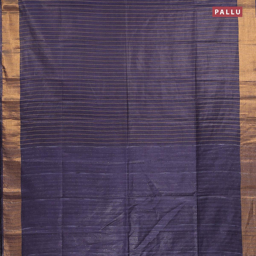 Semi tussar saree navy blue with allover stripes pattern and seperate embroidery work blouse - {{ collection.title }} by Prashanti Sarees