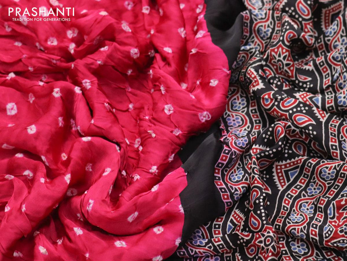 Modal silk saree pink and black with allover bandhani prints and ajrakh printed pallu - {{ collection.title }} by Prashanti Sarees
