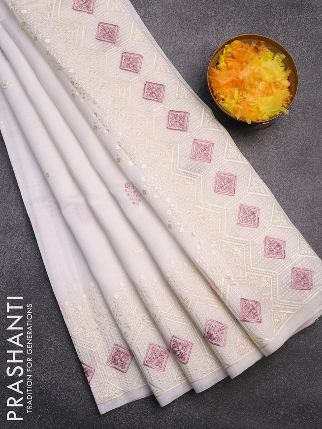 Semi raw silk saree off white with embroidery work buttas and embroidery work border - {{ collection.title }} by Prashanti Sarees