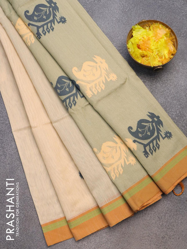 Jamdhani cotton saree sandal and elaichi green with thread woven buttas and contrast border - {{ collection.title }} by Prashanti Sarees