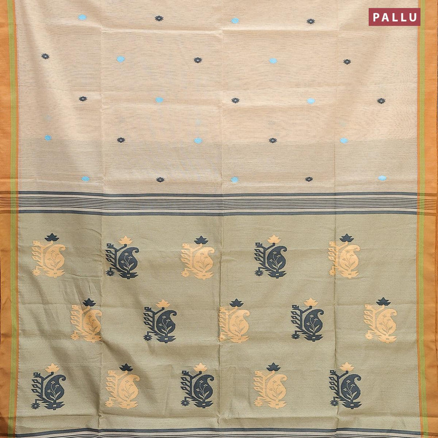 Jamdhani cotton saree sandal and elaichi green with thread woven buttas and contrast border - {{ collection.title }} by Prashanti Sarees