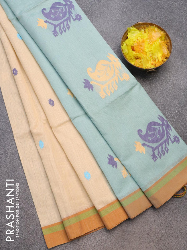 Jamdhani cotton saree sandal and pastel blue with thread woven buttas and contrast border - {{ collection.title }} by Prashanti Sarees