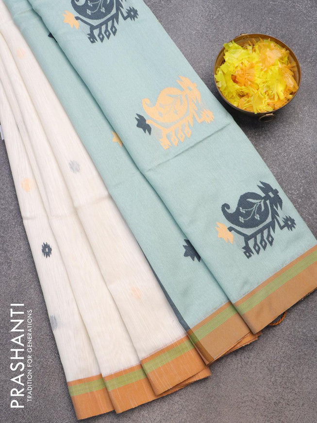 Jamdhani cotton saree off white and pastel blue with thread woven buttas and contrast border - {{ collection.title }} by Prashanti Sarees