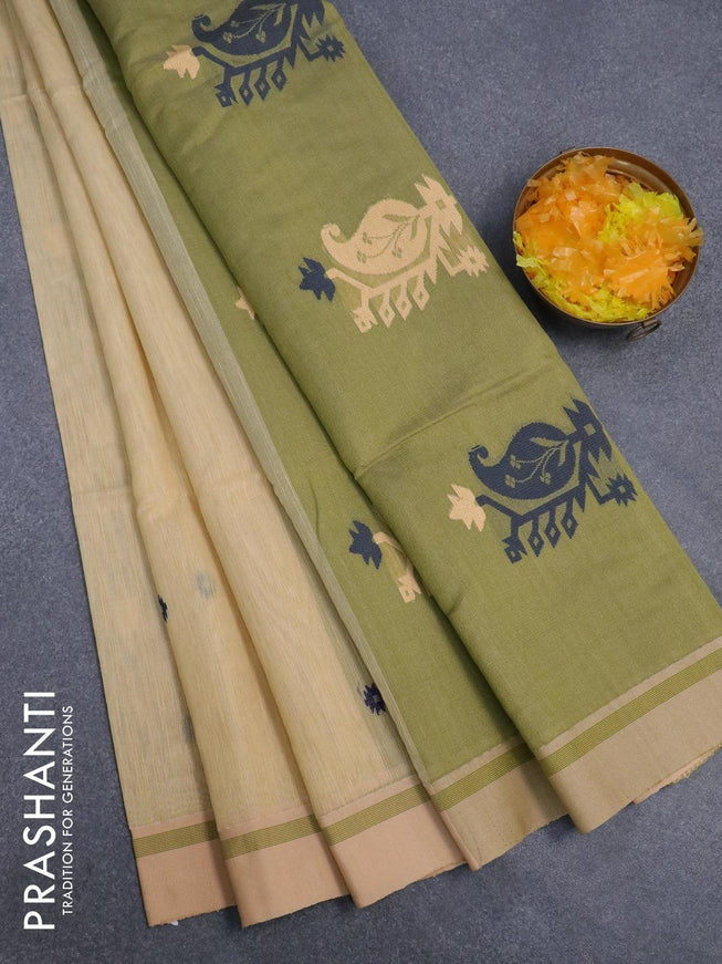 Jamdhani cotton saree sandal and green shade with thread woven buttas and contrast border - {{ collection.title }} by Prashanti Sarees