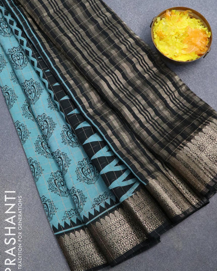 Semi chanderi saree teal blue shade and black with allover prints & zari checked pattern and zari woven border - {{ collection.title }} by Prashanti Sarees