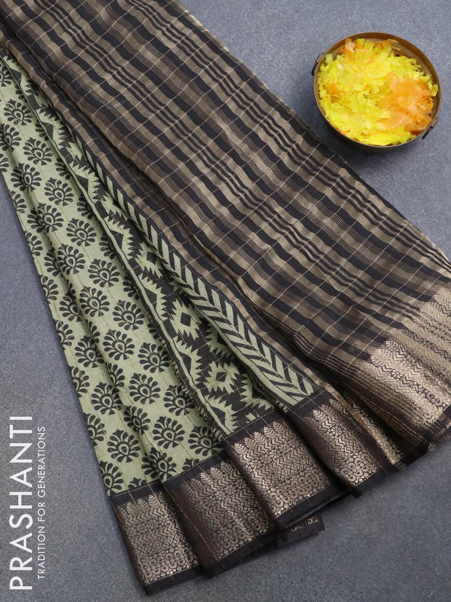 Semi chanderi saree elaichi green and black with allover prints & zari checked pattern and zari woven border - {{ collection.title }} by Prashanti Sarees