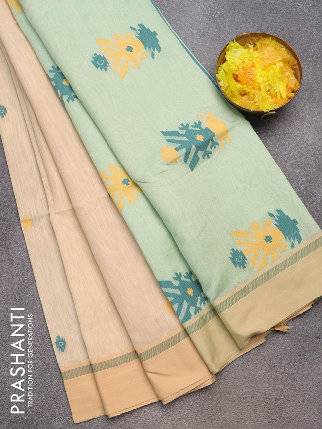 Jamdhani cotton saree cream and pastel green with thread woven buttas and contrast border - {{ collection.title }} by Prashanti Sarees