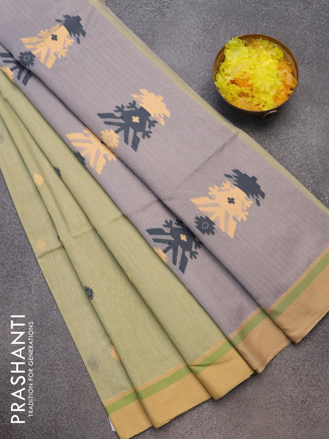 Jamdhani cotton saree elaichi green and grey with thread woven buttas and contrast border - {{ collection.title }} by Prashanti Sarees