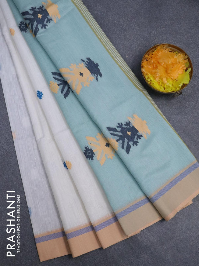 Jamdhani cotton saree off white and pastel blue with thread woven buttas and contrast border - {{ collection.title }} by Prashanti Sarees
