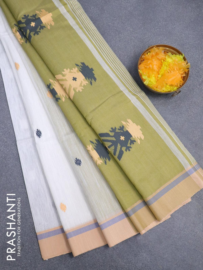 Jamdhani cotton saree off white and mehendi green with thread woven buttas and contrast border - {{ collection.title }} by Prashanti Sarees