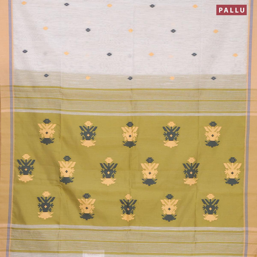 Jamdhani cotton saree off white and mehendi green with thread woven buttas and contrast border - {{ collection.title }} by Prashanti Sarees