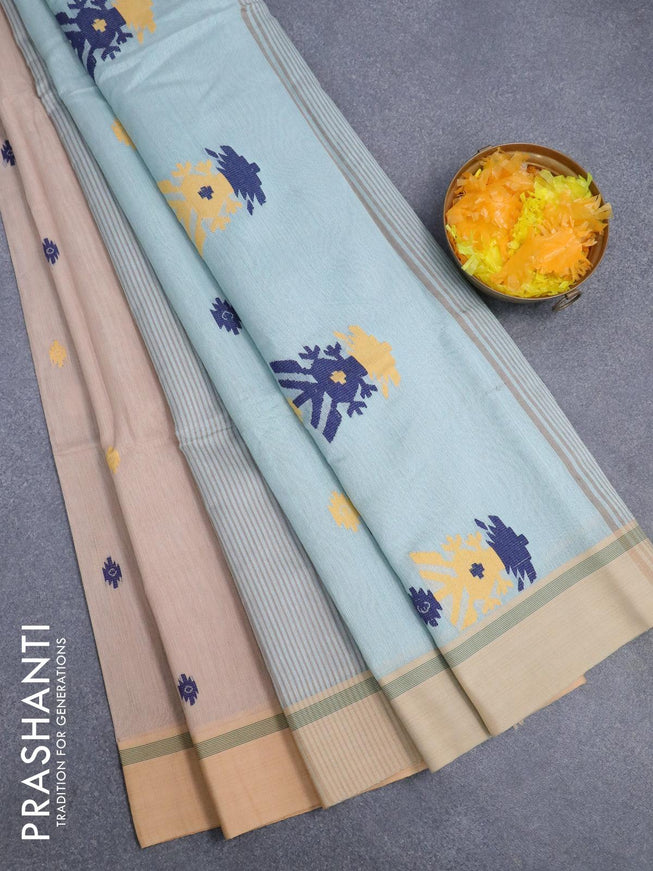 Jamdhani cotton saree beige and pastel blue with thread woven buttas and contrast border - {{ collection.title }} by Prashanti Sarees