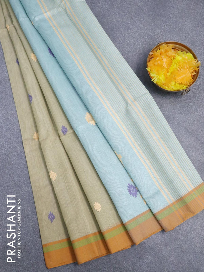 Jamdhani cotton saree elaichi green and pastel blue with thread woven buttas and contrast border - {{ collection.title }} by Prashanti Sarees
