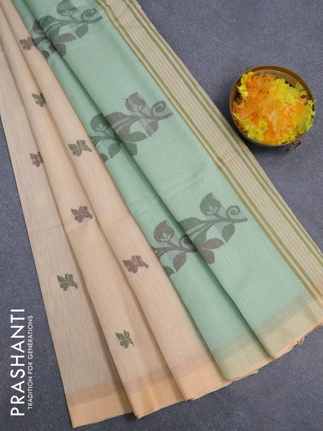 Jamdhani cotton saree beige and pastel green with thread woven buttas and contrast border - {{ collection.title }} by Prashanti Sarees