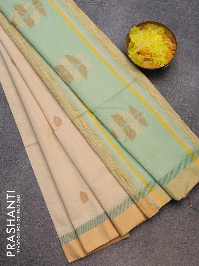 Jamdhani cotton saree cream and pastel green with thread woven buttas and contrast border - {{ collection.title }} by Prashanti Sarees