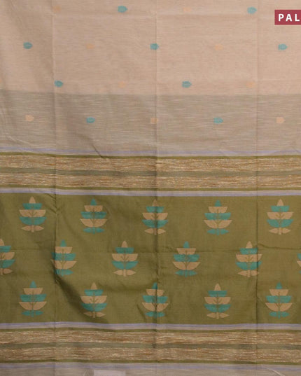 Jamdhani cotton saree sandal and mehendi green with thread woven buttas and contrast border - {{ collection.title }} by Prashanti Sarees