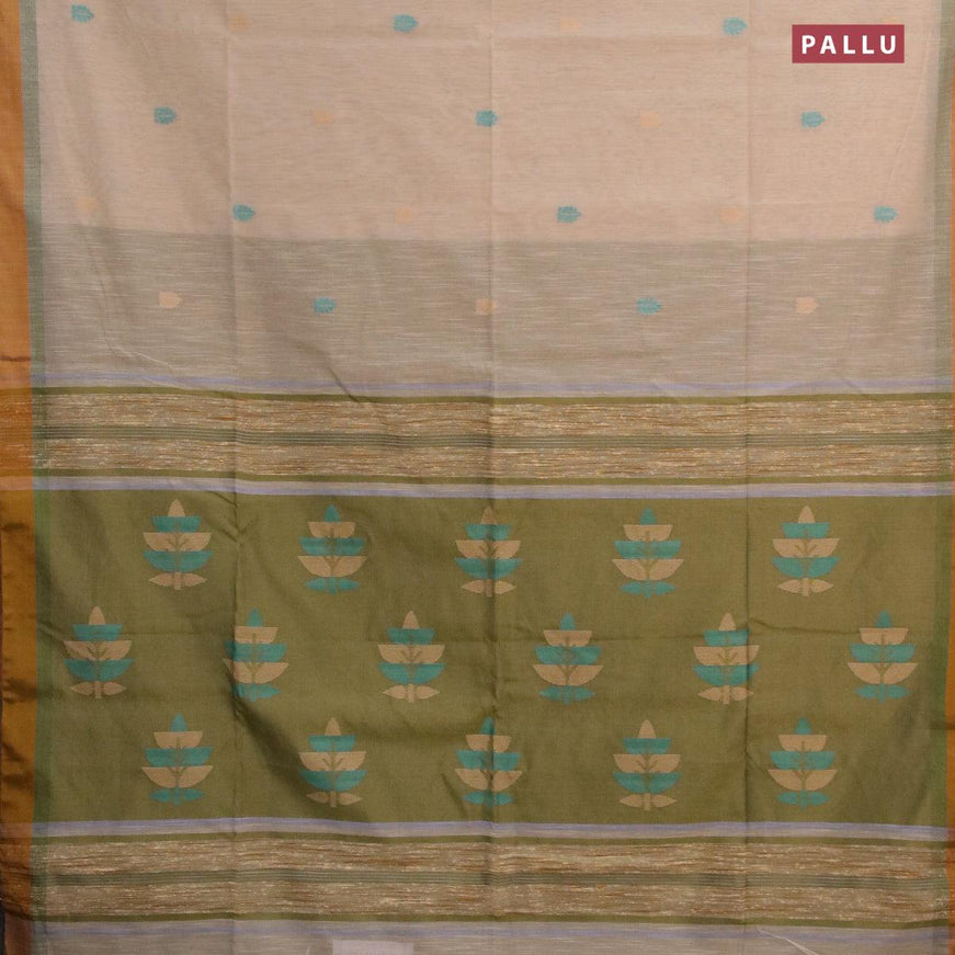 Jamdhani cotton saree sandal and mehendi green with thread woven buttas and contrast border - {{ collection.title }} by Prashanti Sarees