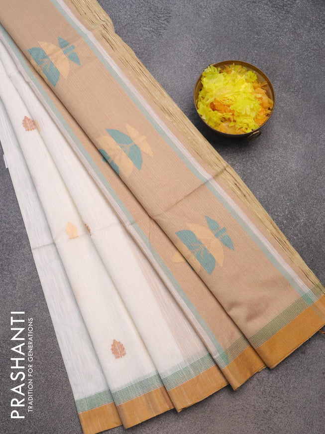 Jamdhani cotton saree off white and dark sandal with thread woven buttas and contrast border - {{ collection.title }} by Prashanti Sarees