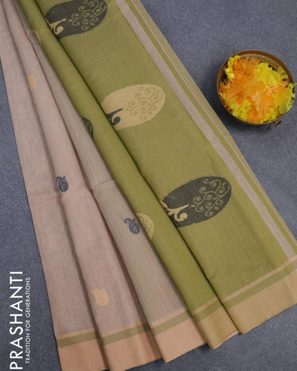Jamdhani cotton saree beige and mehendi green with thread woven buttas and contrast border - {{ collection.title }} by Prashanti Sarees