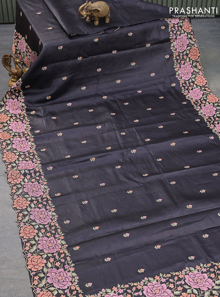 Pure tussar silk saree black with allover embroidery work buttas and floral design embroidery work border