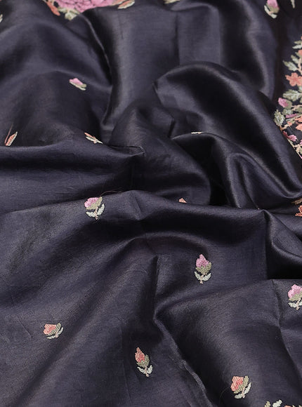 Pure tussar silk saree black with allover embroidery work buttas and floral design embroidery work border