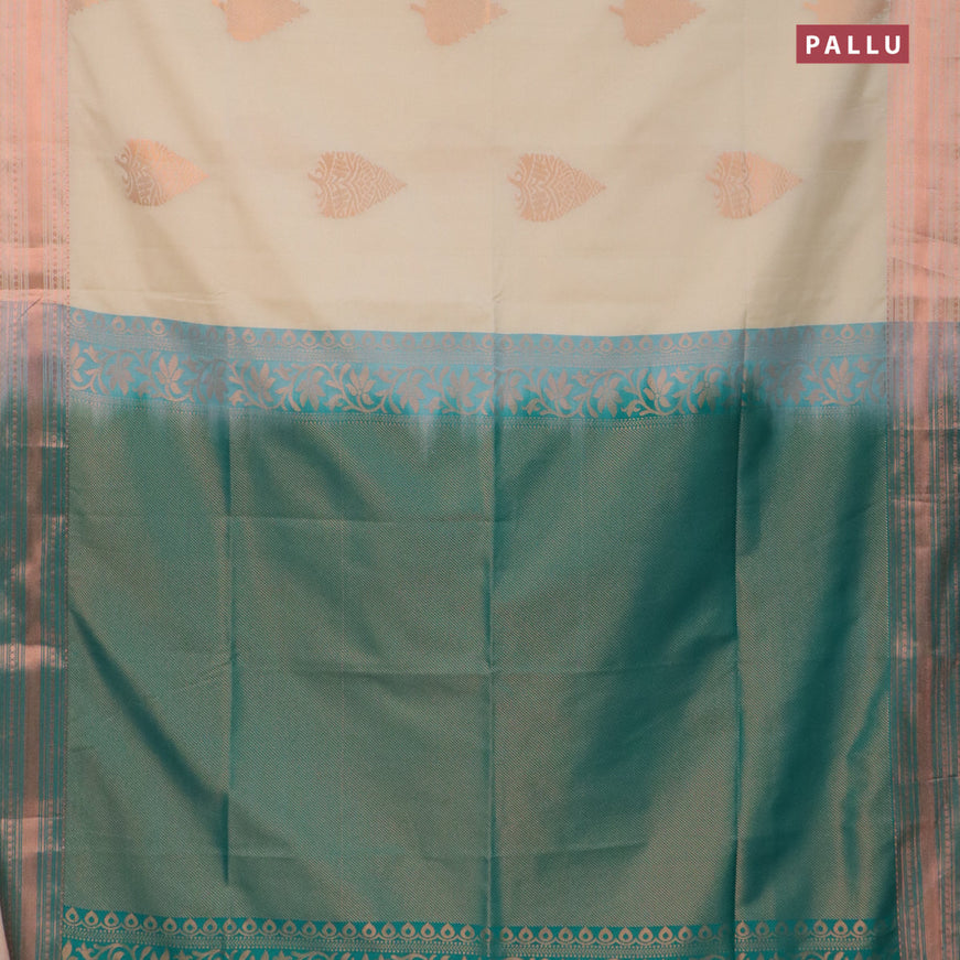 Semi kanjivaram soft silk saree cream and teal green with copper zari woven buttas and copper zari woven border