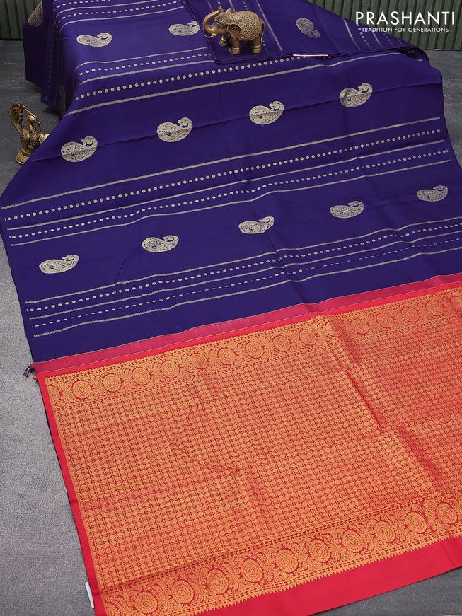 Pure kanjivaram silk saree blue and red with zari weaves & paisley buttas in borderless syle
