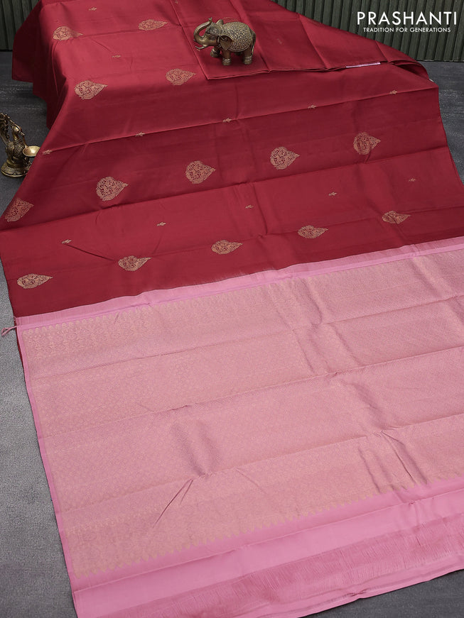 Pure kanjivaram silk saree red and light pink with copper zari woven buttas in borderless syle