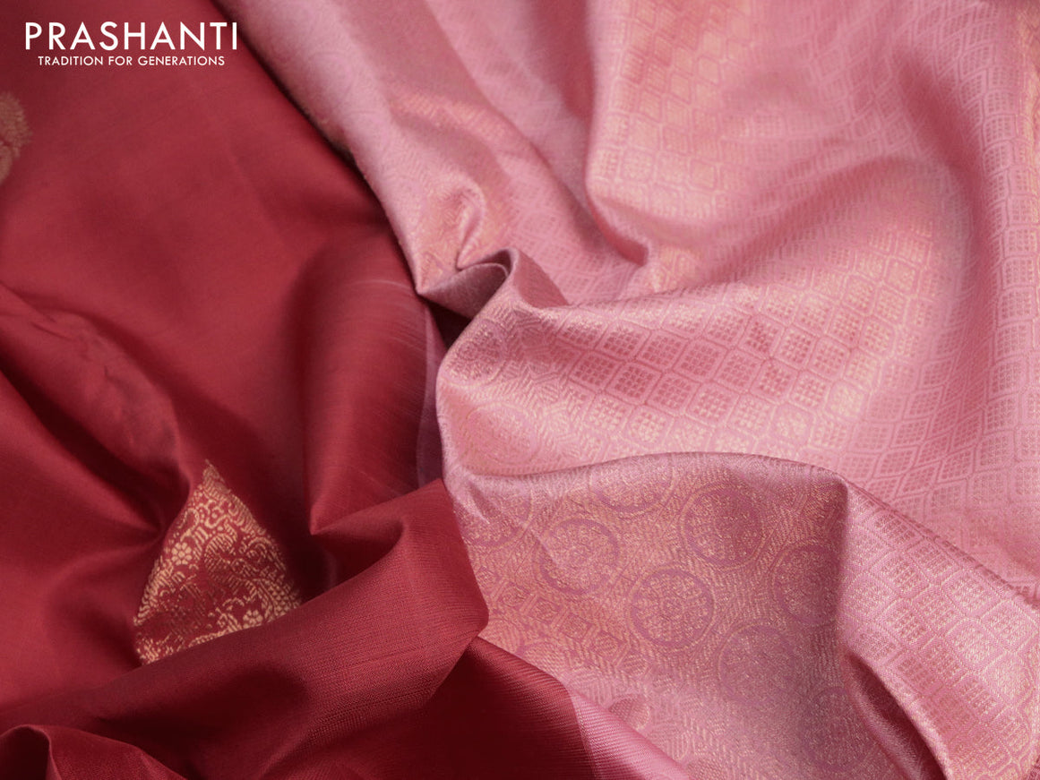 Pure kanjivaram silk saree red and light pink with copper zari woven buttas in borderless syle