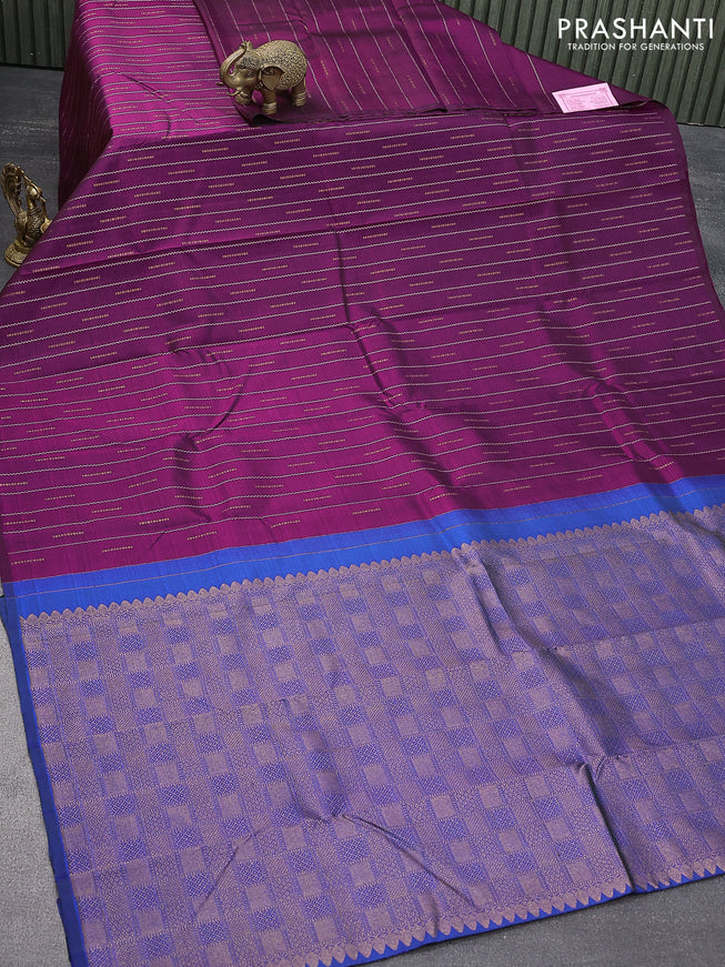Pure kanjivaram silk saree purple and blue with allover zari weaves in borderless style