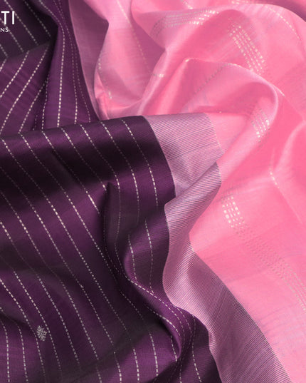 Pure kanjivaram silk saree purple and peach pink with allover zari stripe weaves & buttas in borderless style