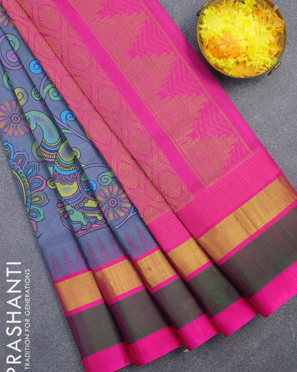 Silk cotton saree grey and pink with allover kalamkari prints and temple design zari woven simple border - {{ collection.title }} by Prashanti Sarees