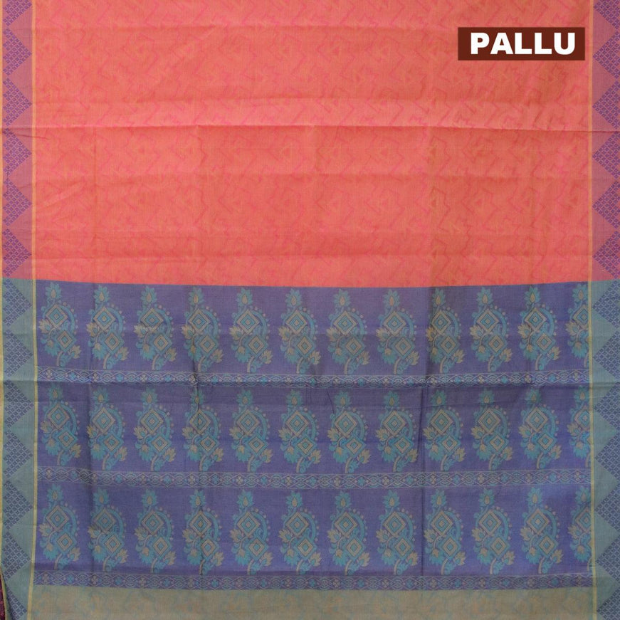 Coimbatore cotton saree dual shade of pinkish yellow and blue with allover self emboss and thread woven border - {{ collection.title }} by Prashanti Sarees