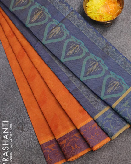 Coimbatore cotton saree sunset orange and blue with allover self emboss and thread woven border - {{ collection.title }} by Prashanti Sarees