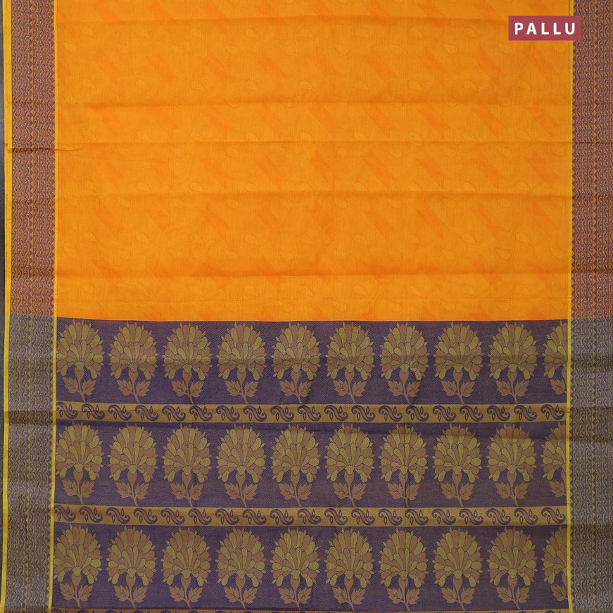 Coimbatore cotton saree dual shade of mango yellow and blue with allover self emboss and thread woven border - {{ collection.title }} by Prashanti Sarees