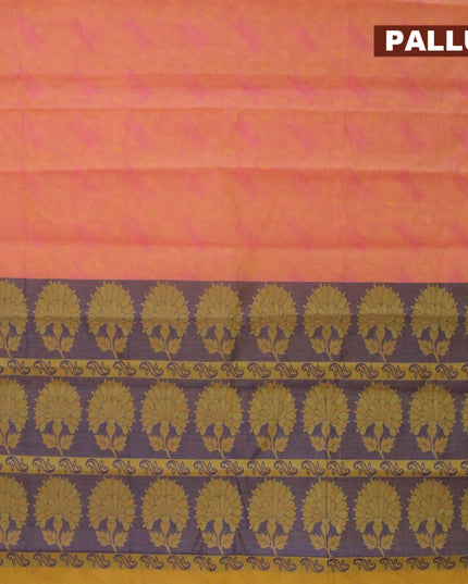 Coimbatore cotton saree dual shade of pinkish yellow and blue with allover self emboss and thread woven border - {{ collection.title }} by Prashanti Sarees