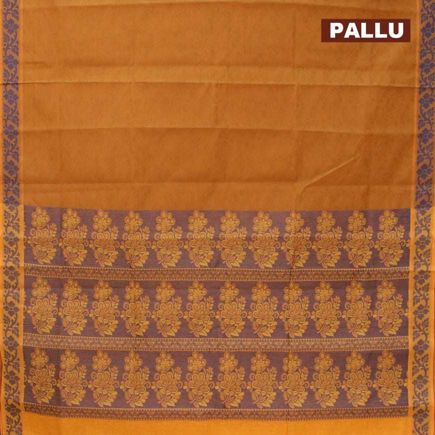 Coimbatore cotton saree dark mustard and blue with allover self emboss and thread woven border - {{ collection.title }} by Prashanti Sarees