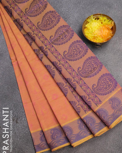 Coimbatore cotton saree dual shade of yellowish pink and blue with allover self emboss and thread woven border - {{ collection.title }} by Prashanti Sarees