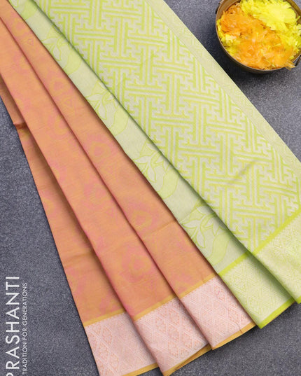 Coimbatore cotton saree dual shade of pinkish yellow and fluorecent green with allover self emboss and thread woven border - {{ collection.title }} by Prashanti Sarees