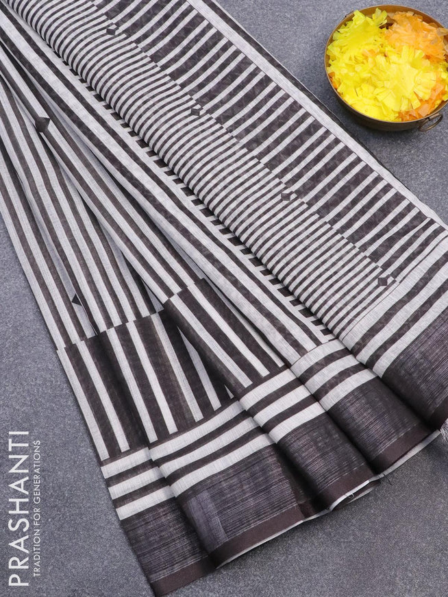Linen cotton saree black and off white with allover stripes pattern and silver zari woven border - {{ collection.title }} by Prashanti Sarees
