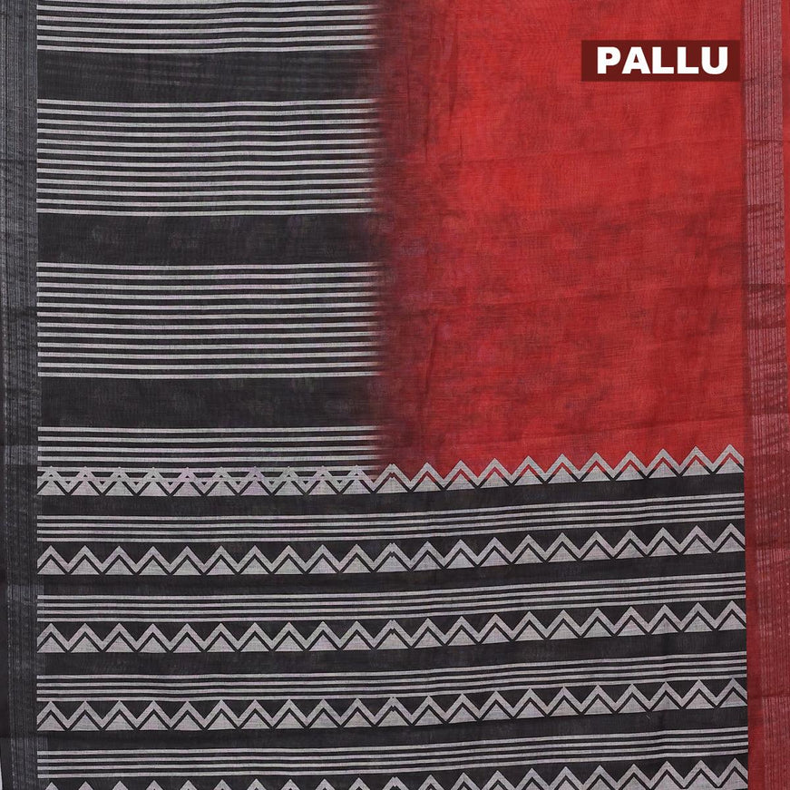 Linen cotton saree red and black with stripes prints and silver zari woven border - {{ collection.title }} by Prashanti Sarees