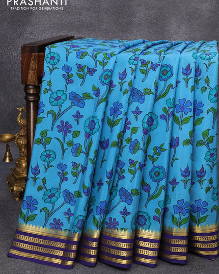 Printed crepe silk sraee blue and dark blue with allover floral prints and zari woven border - {{ collection.title }} by Prashanti Sarees