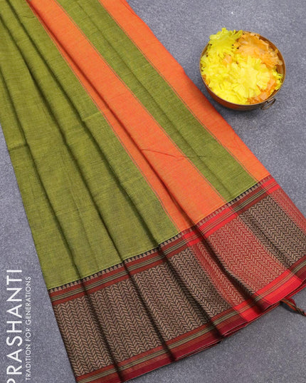 Narayanpet cotton saree mehendi green and maroon with plain body and thread woven border - {{ collection.title }} by Prashanti Sarees