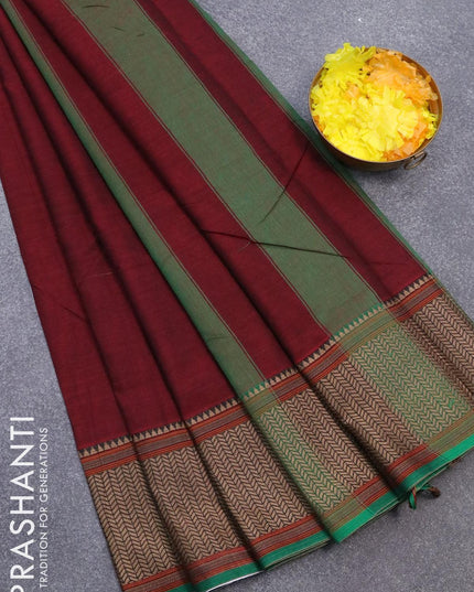Narayanpet cotton saree maroon and green with plain body and thread woven border - {{ collection.title }} by Prashanti Sarees