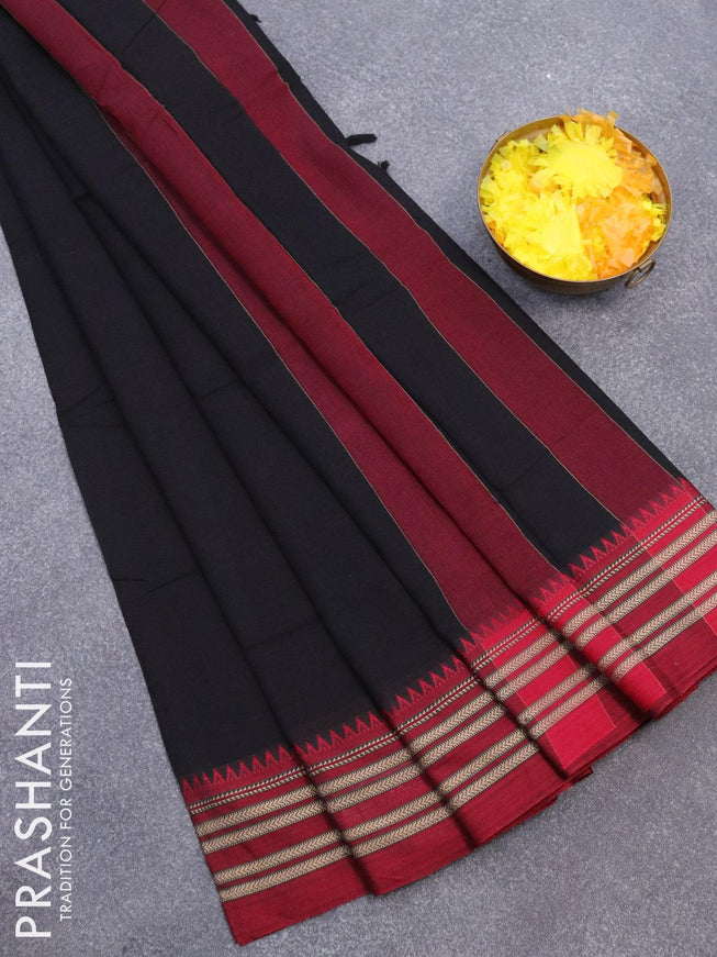 Narayanpet cotton saree black and maroon with plain body and thread woven border - {{ collection.title }} by Prashanti Sarees